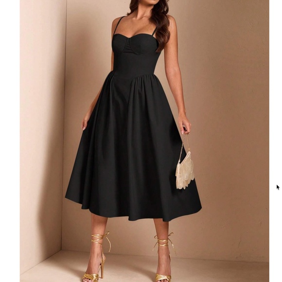 Classic Solid High Waist Flared Cami Party Evening Dress - Picture 1 of 9